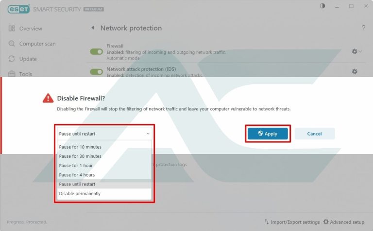 تعیین نوع غیرفعال سازی فایروال ESET